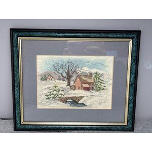 Framed Winter Needlepoint Scene with Green & Gold Trim 11"x9"